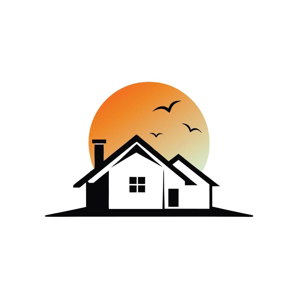 Silhouette Home With Sunset And Birds Illustration For Real Estate vector
