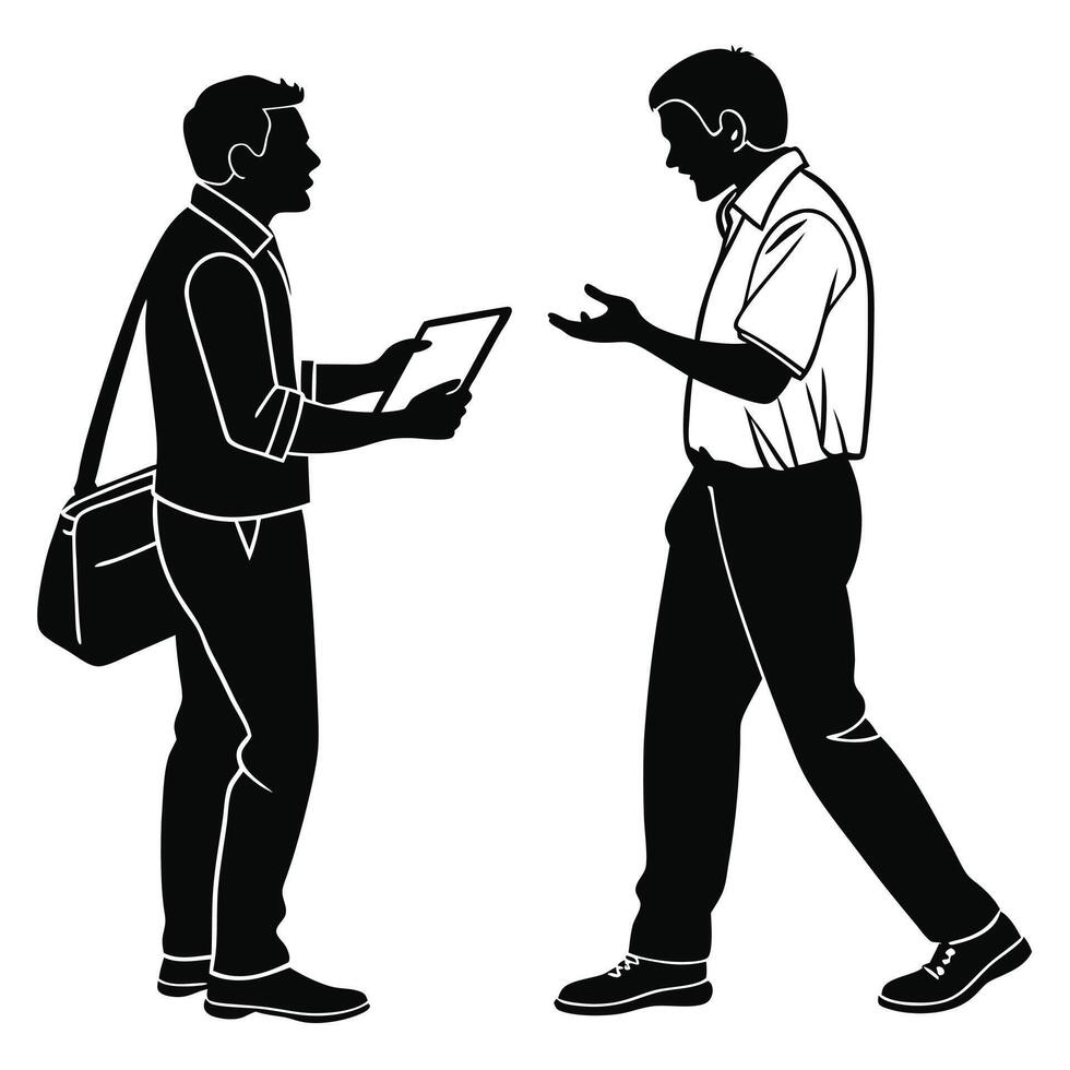 Two Men Discussing Information Using A Tablet In Black And White vector