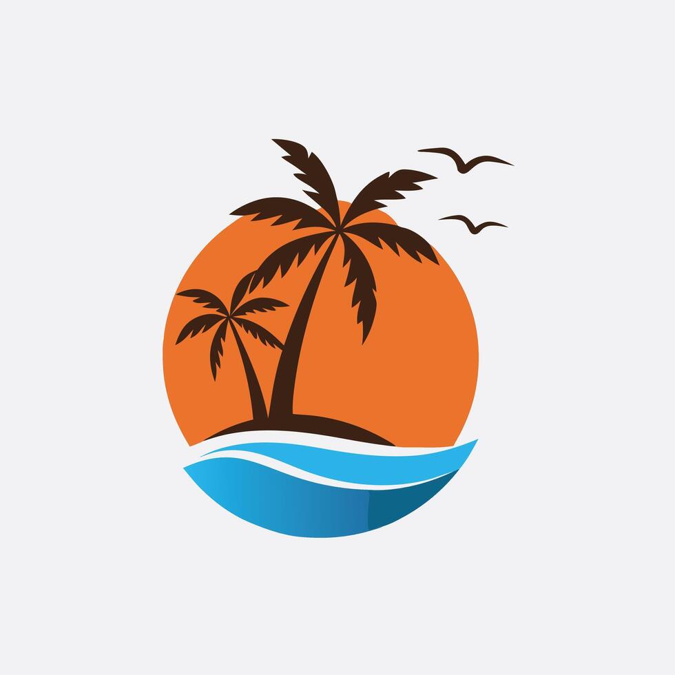 Tropical Island Palm Trees With Ocean Waves And Birds Illustration vector