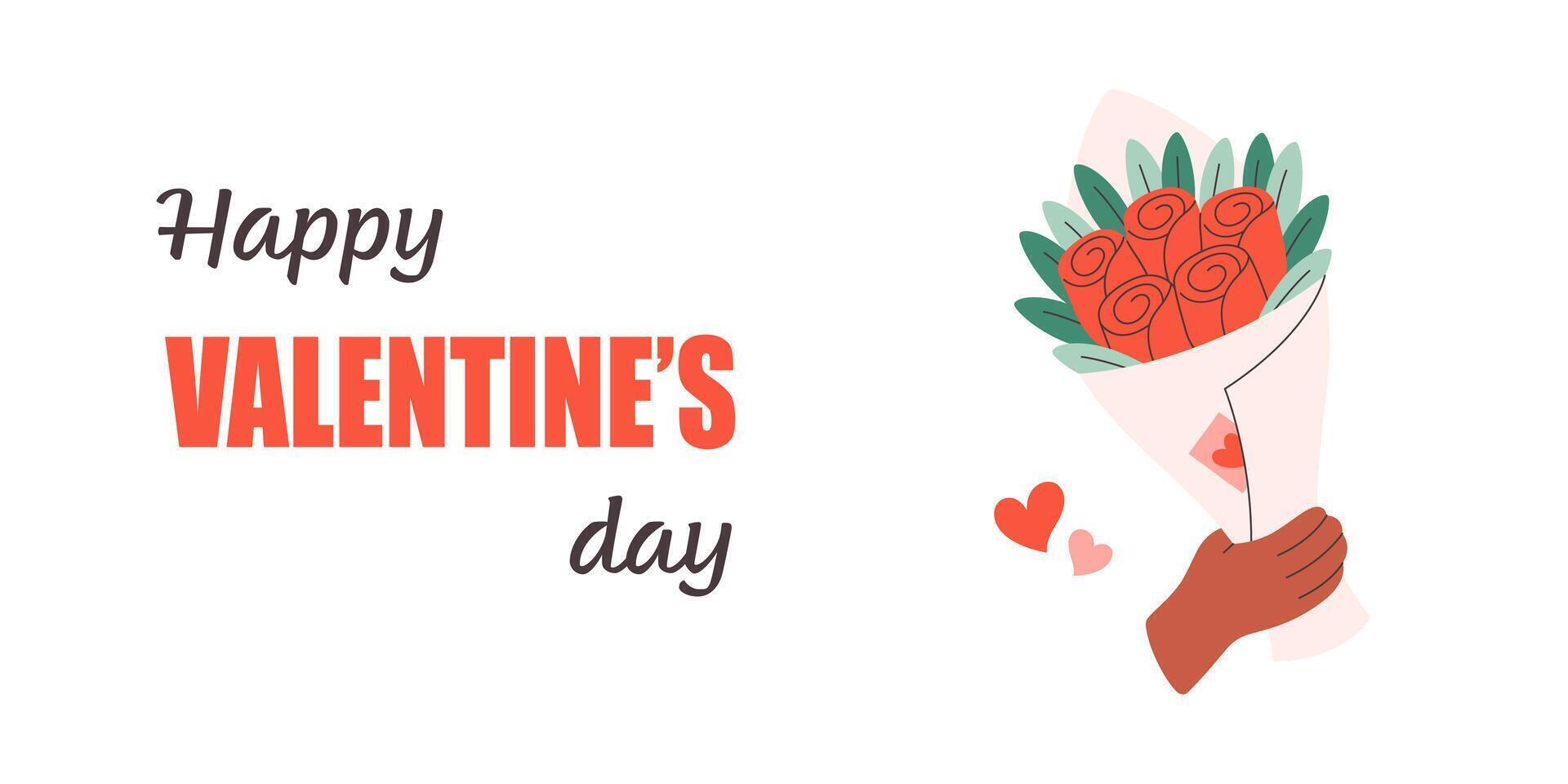 Happy Valentines Day greeting card with hand holding cute flower bouquet vector