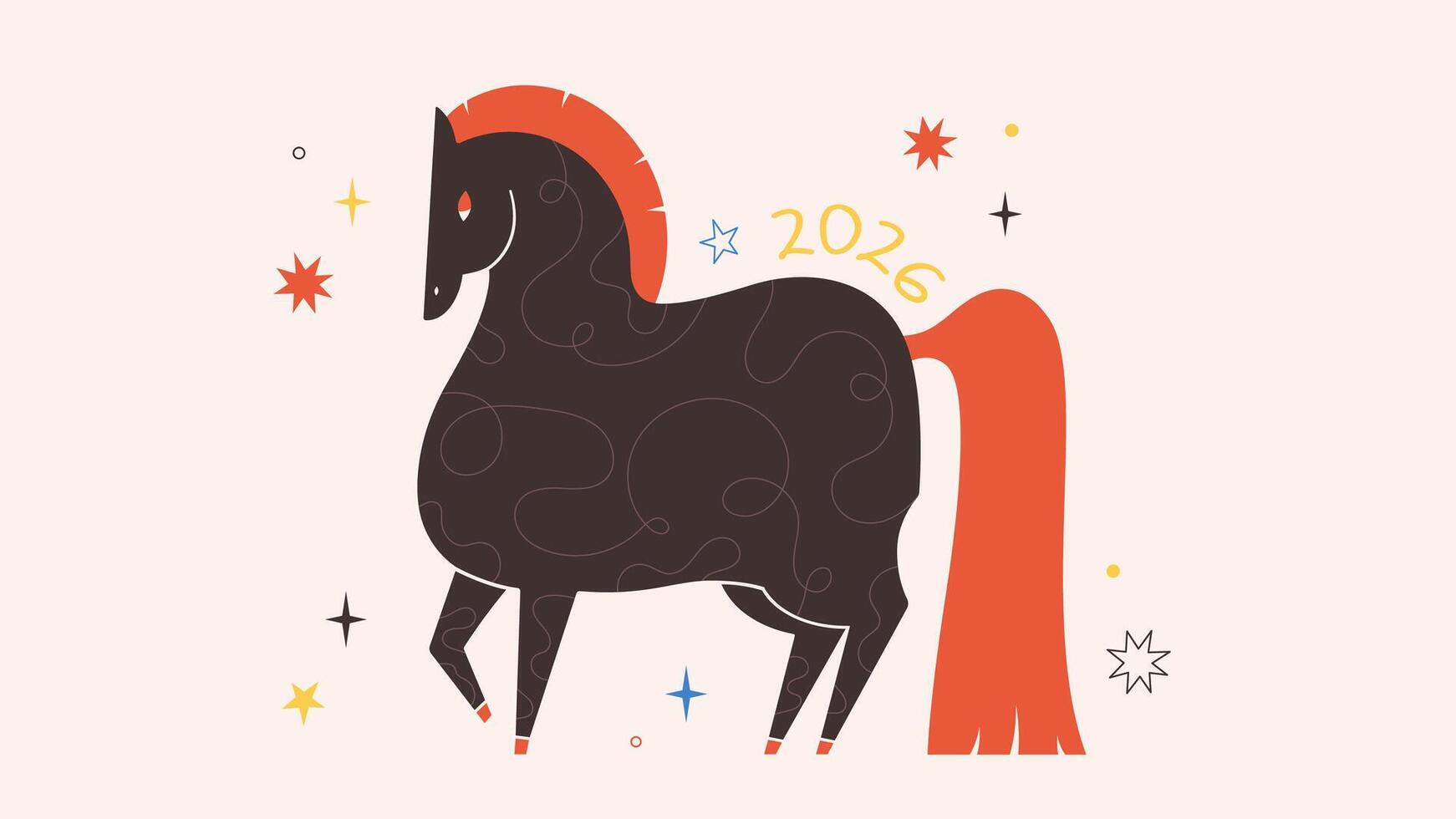 Illustration with Horse, symbol of 2026 year according Chinese calendar. Print design with animal for greeting cards, posters, banners. Year of the Horse. Happy Chinese New year vector