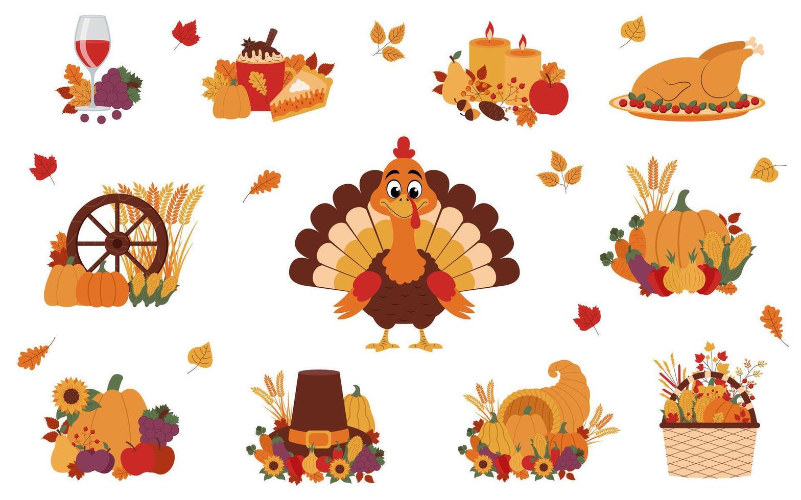 Thanksgiving set. Set of autunm thanksgiving illustrations. Collection of thanksgiving cliparts. Autumn thanksgiving concept. vector