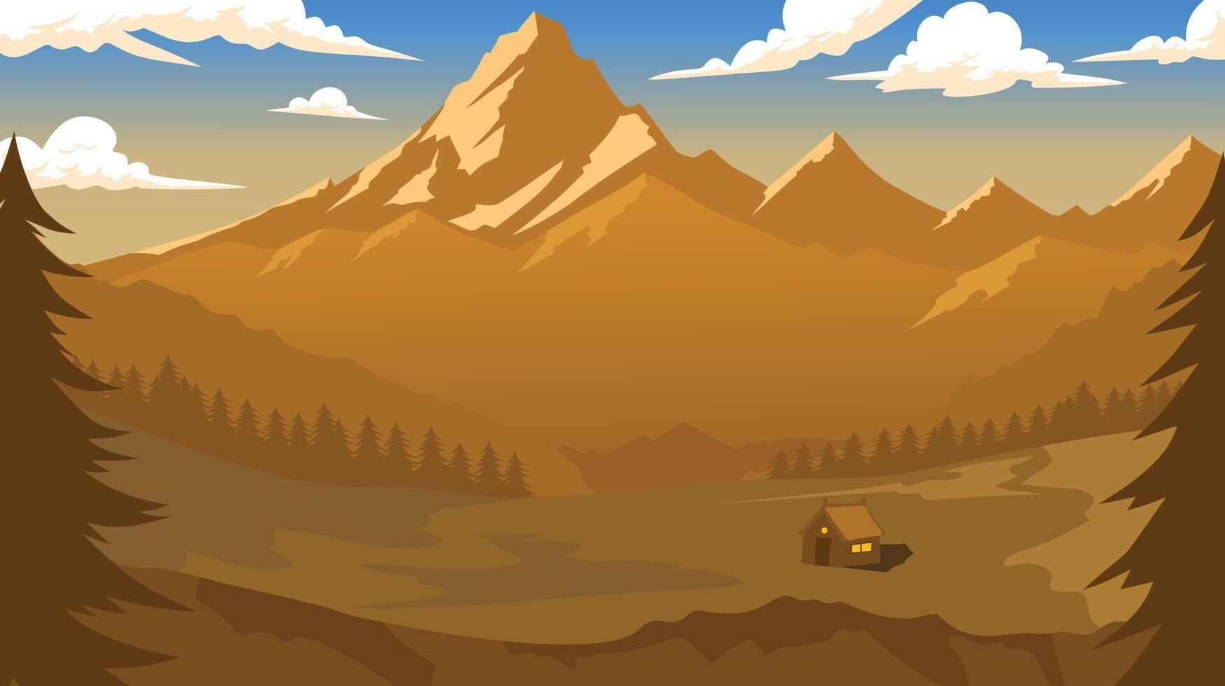 Natural scenery of mountains when the sun sets with a peaceful atmosphere in a flat style vector