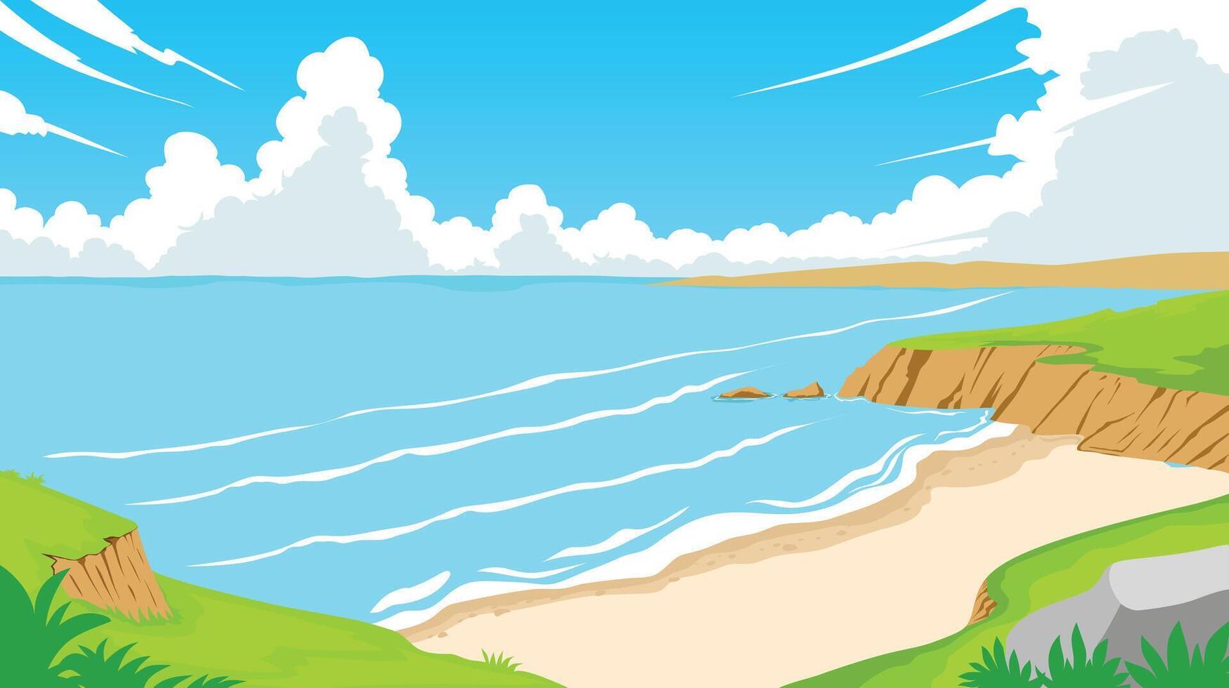 view of a beautiful beach stretching the sea and beautiful clouds in flat style, background for summer vector