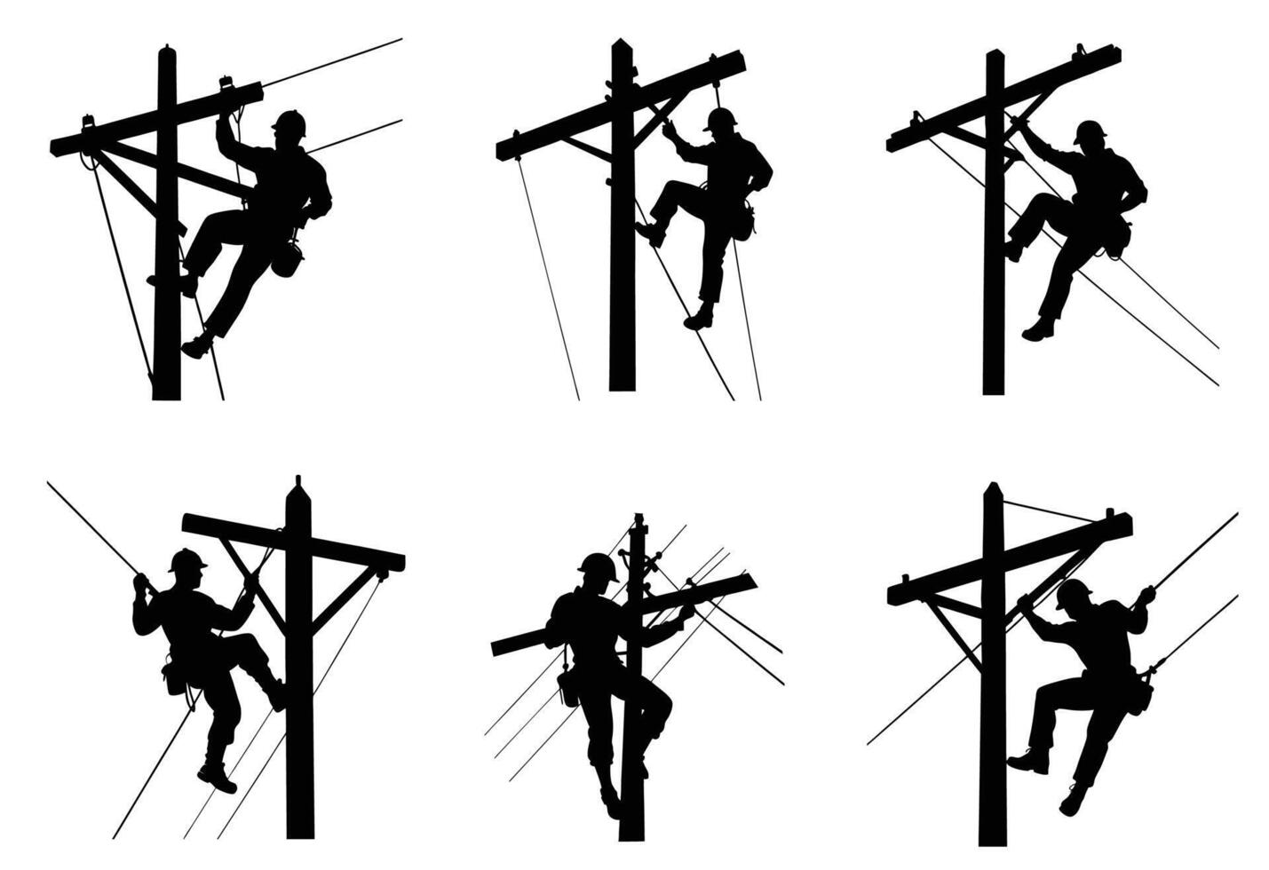 Silhouettes of Utility Linemen Working on Power Poles , Set of Electrical Workers Climbing Utility Structures. vector
