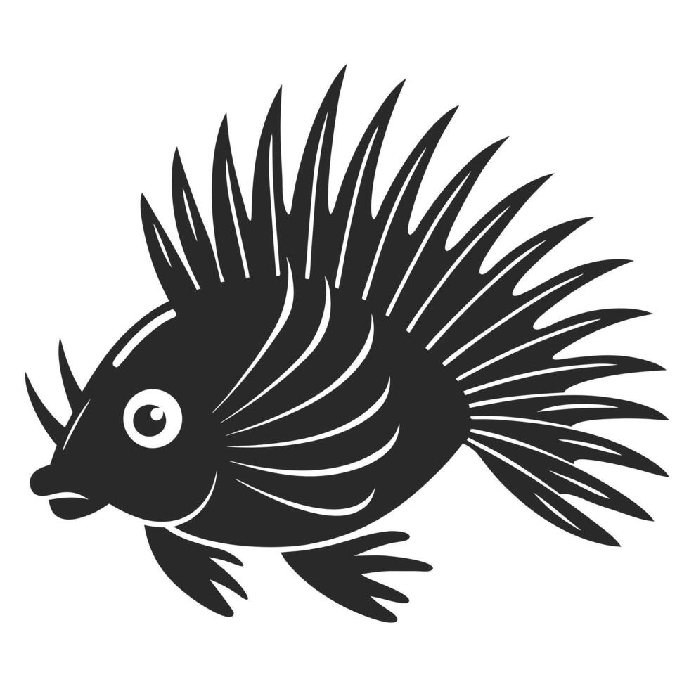 Black Silhouette Of Lionfish Exotic Underwater Fish Illustration Artwork vector