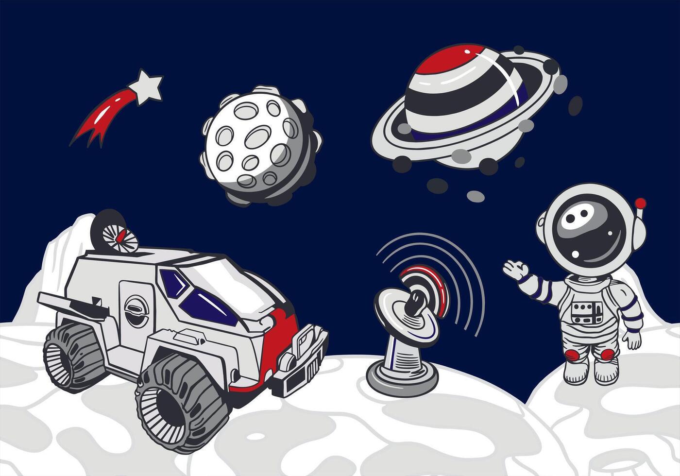 Astronaut, planet Saturn, moon, stars, space transport. Hand drawn illustration. For Cosmonautics Day cards, invitations, wallpapers, posters, covers, banners. vector