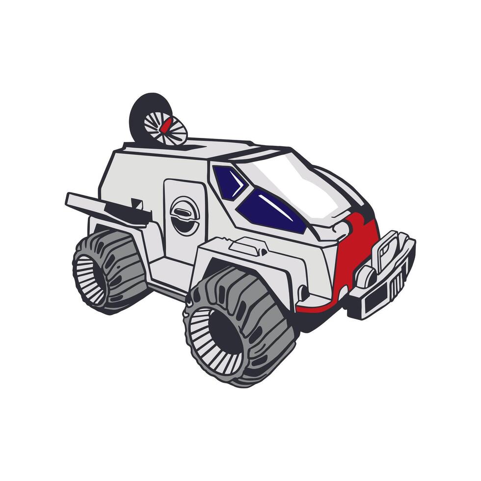Space car, Mars rover. Transport moving on the surface of planets and the moon. Hand drawn illustration. Cosmonautics Day cards, invitations, large banners, posters, covers, stickers. vector