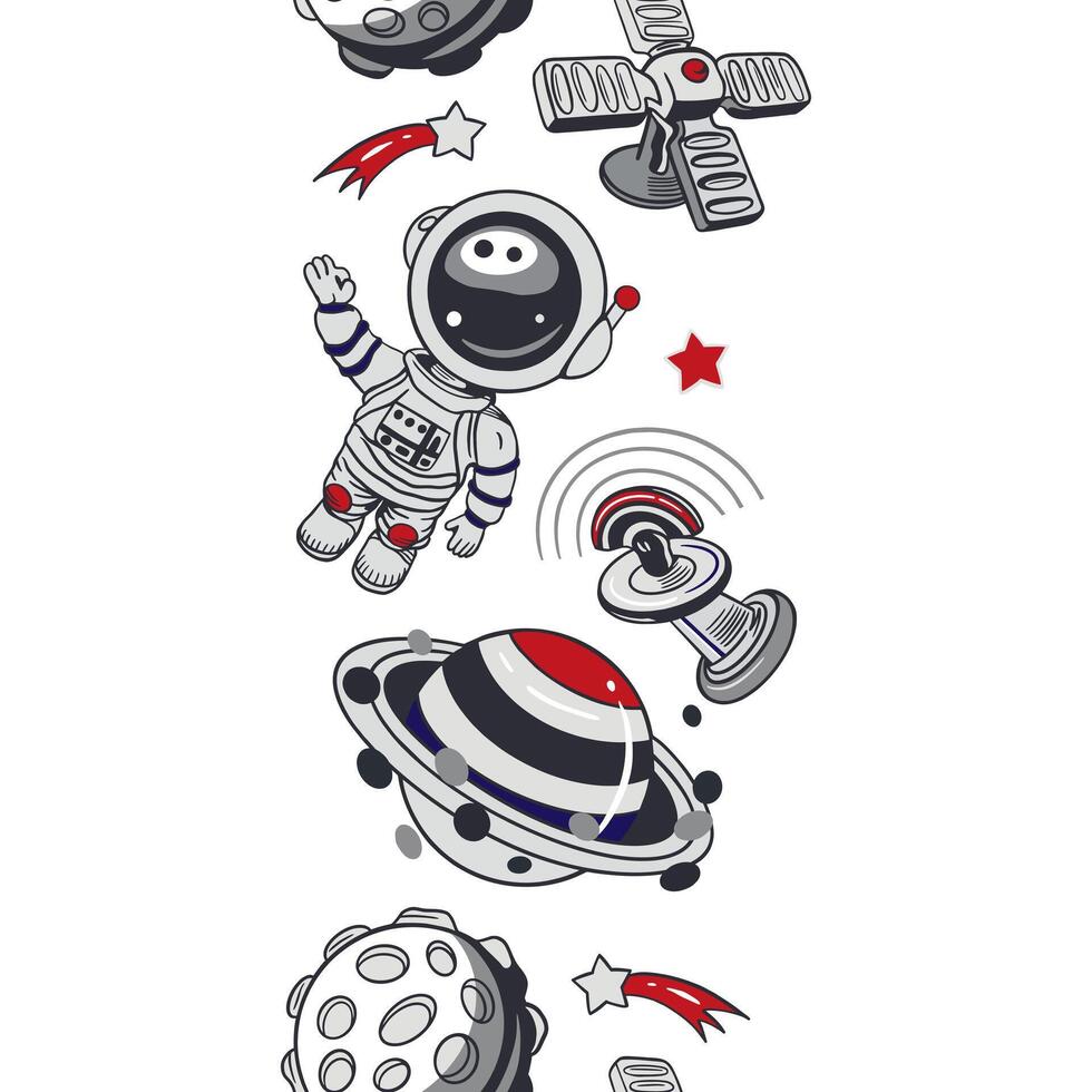 Cosmonauts, planets, stars seamless border. Hand drawn illustration. For Cosmonautics Day cards, invitations, large banners, posters, covers, wallpapers for childrens room, stickers. vector