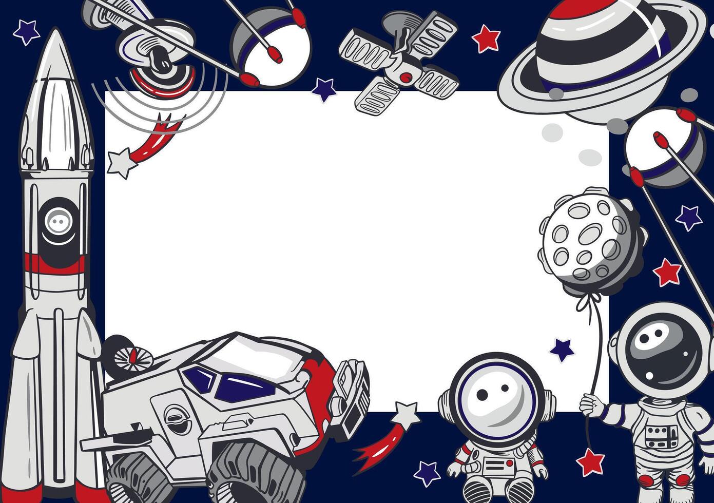 Astronauts, rocket, planets, stars, satellites. Horizontal frame. Hand drawn illustration. For Cosmonautics Day cards, invitations, tickets, posters, banners. vector