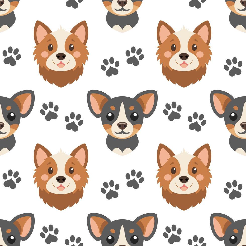 Cute dogs seamless pattern with paw prints.Seamless pattern of cute dog faces. Cute background for kids. vector