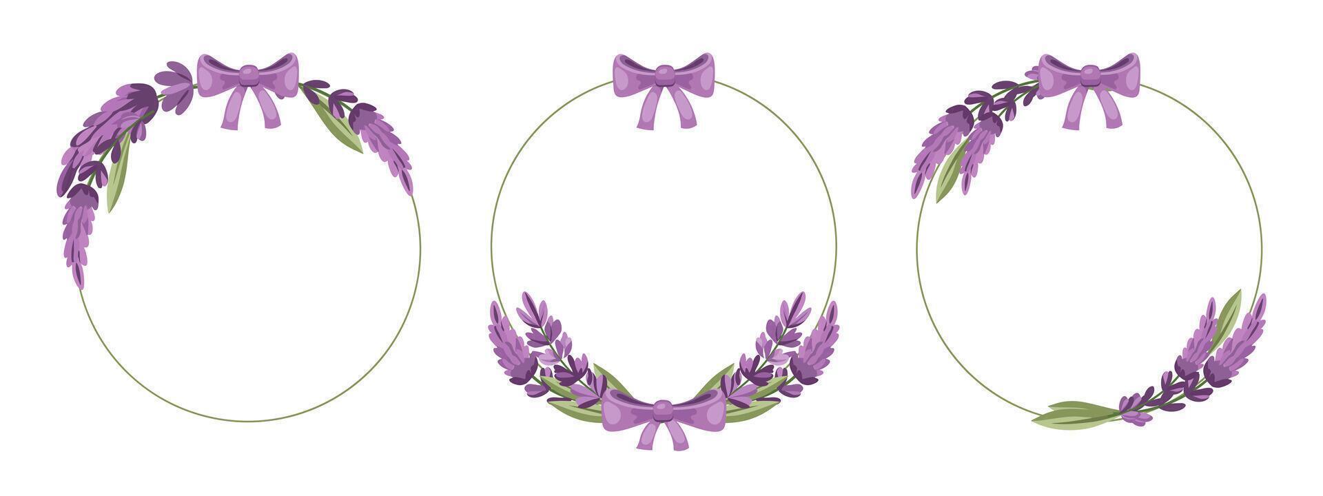 Set of lavender wreaths with a bow on a white background. Collection of floral round frames. Illustration for a wedding invitation, postcard, logo. vector