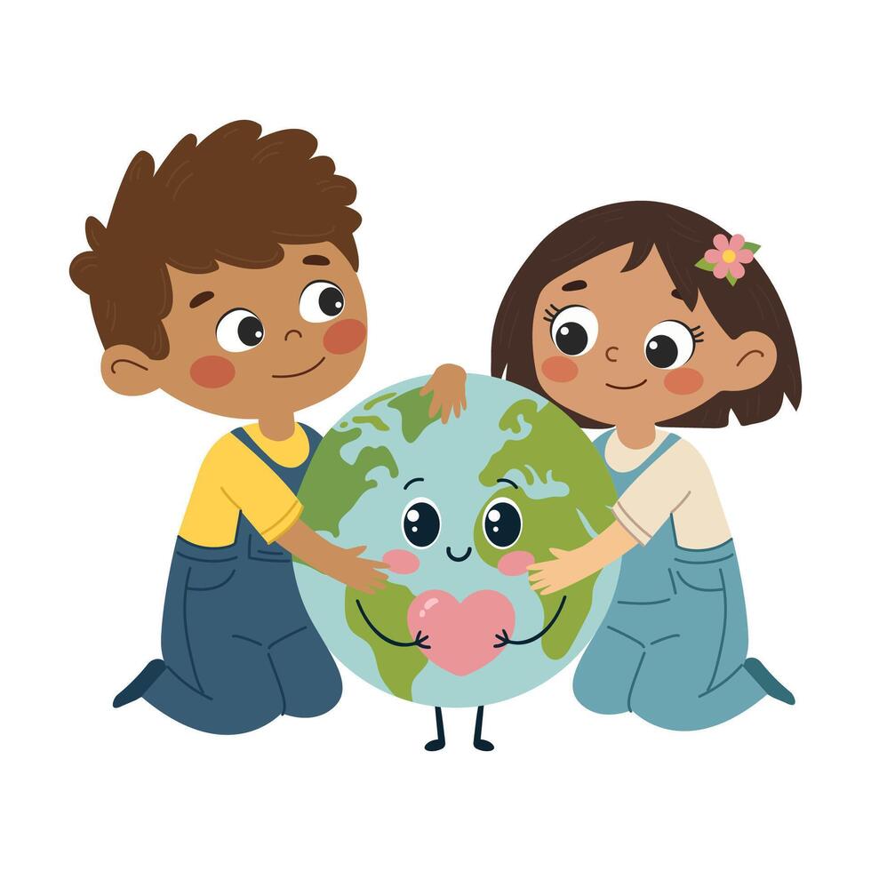 Cute Boy and Girl Hugging Earth, World Environment Day Illustration. Earth day concept. Children's illustration in flat style vector