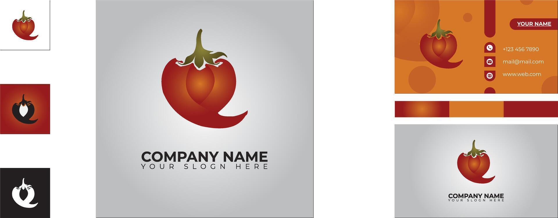 A red chili pepper logo and business card design vector