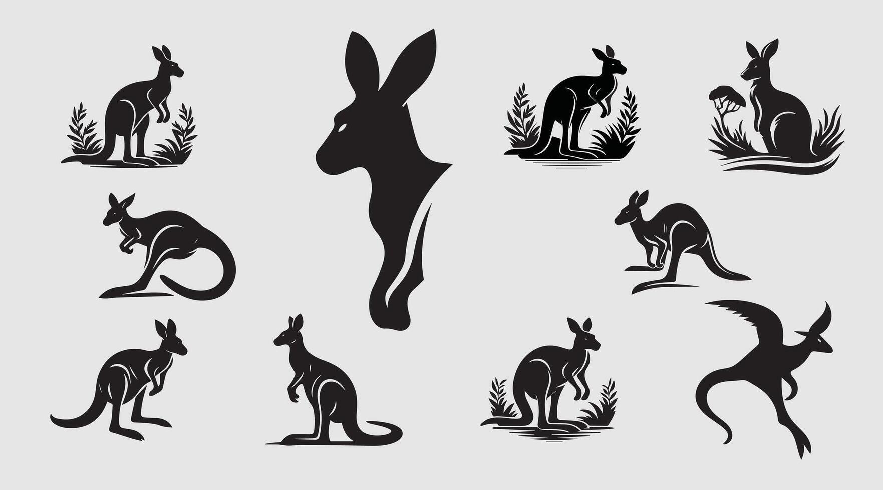 A collection of elegant kangaroo silhouettes showcasing various poses and styles in stark black against a simple grey background Perfect for logos prints or any design needing a touch of vector