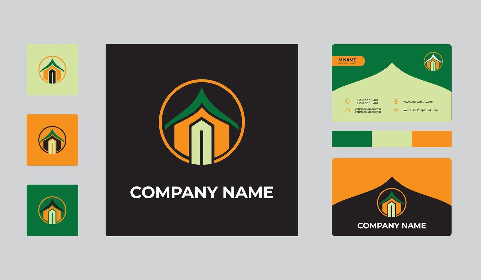 A business card with an orange and green logo vector