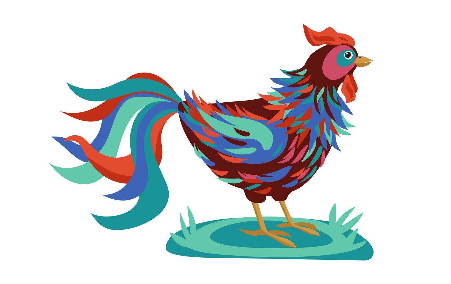 Beautiful bright multicolored rooster. Animals, poultry on the farm on white background. Children's flat cartoon illustration. vector