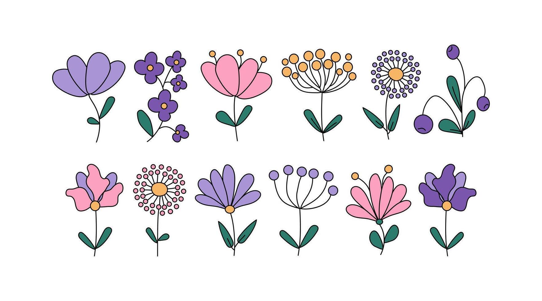 Abstract flowers, berries, leaves. Floristic set of simple brightly colored drawings of plants. Illustration, doodle on white isolated background. vector