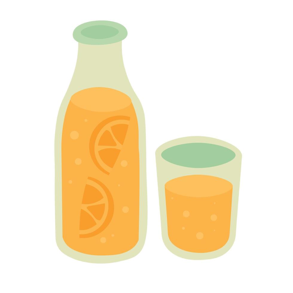 Flat cartoon illustration of orange juice bottle and glass. Bright summer drink with citrus slices. vector