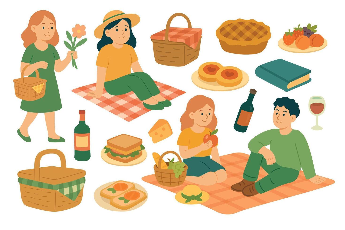 Cute picnic scene with food, drinks, people, baskets, blanket, desserts, flowers and book. clipart. vector