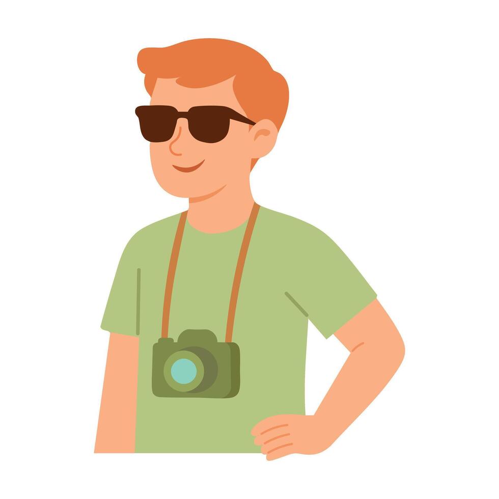 Smiling tourist in sunglasses with camera on neck in flat cartoon summer style. vector