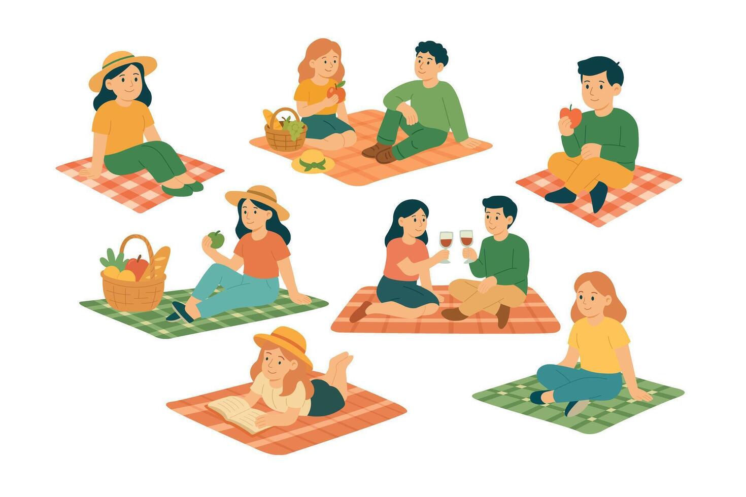 Cute set of people relaxing on picnic blankets with food, drink, books and fruits. vector