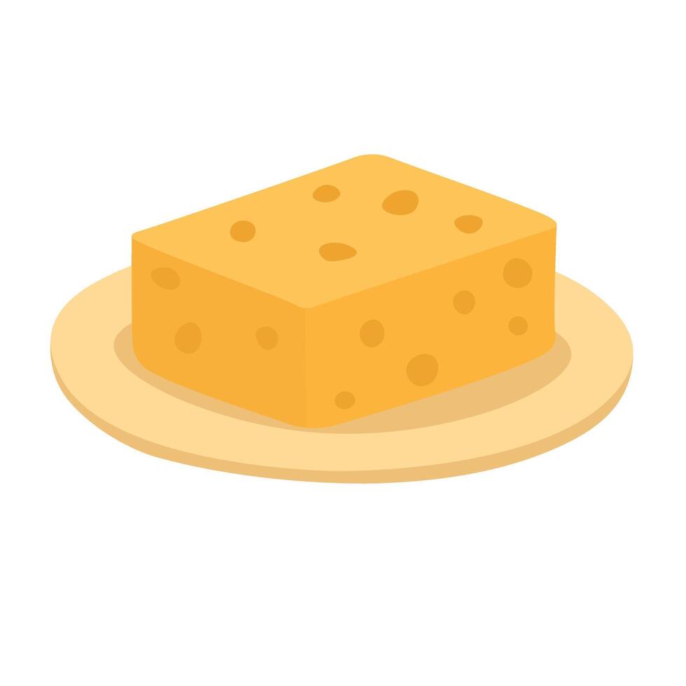 cartoon illustration of a cheese block on a plate. Simple, cute and bright food doodle. vector