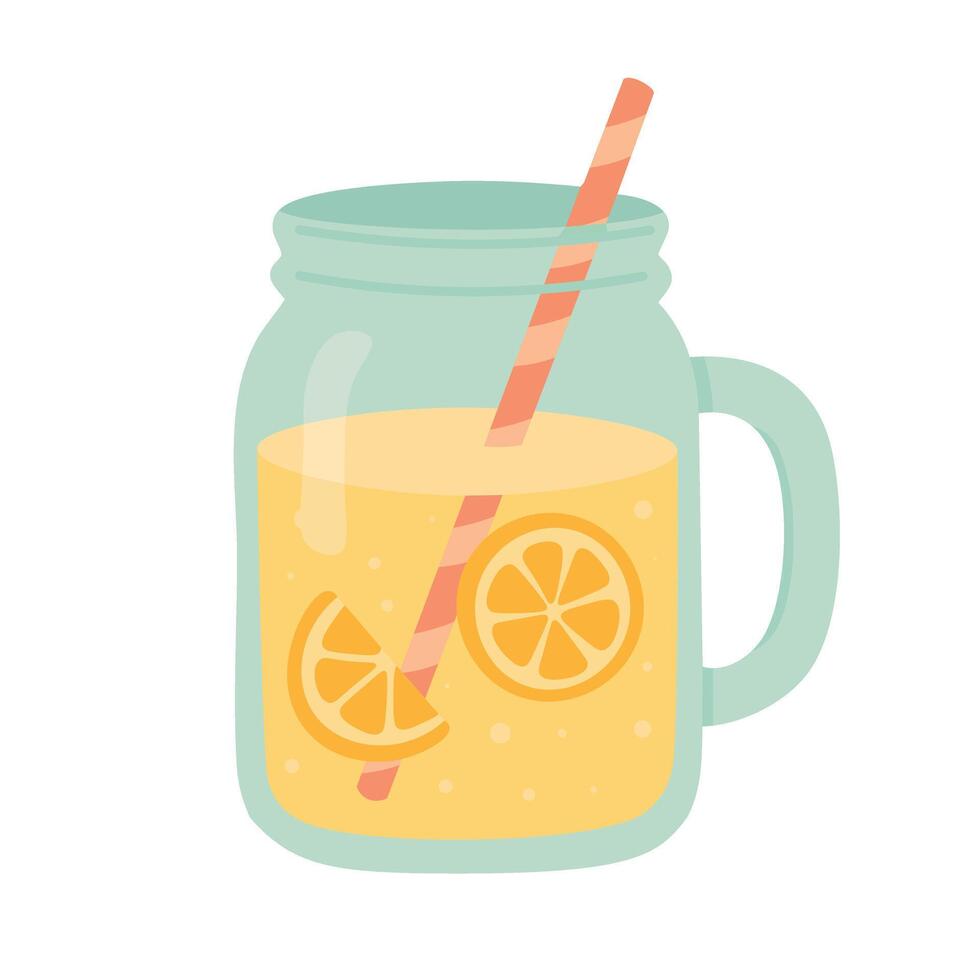 flat jar with lemonade, slices of lemon and straw in doodle cartoon style. vector