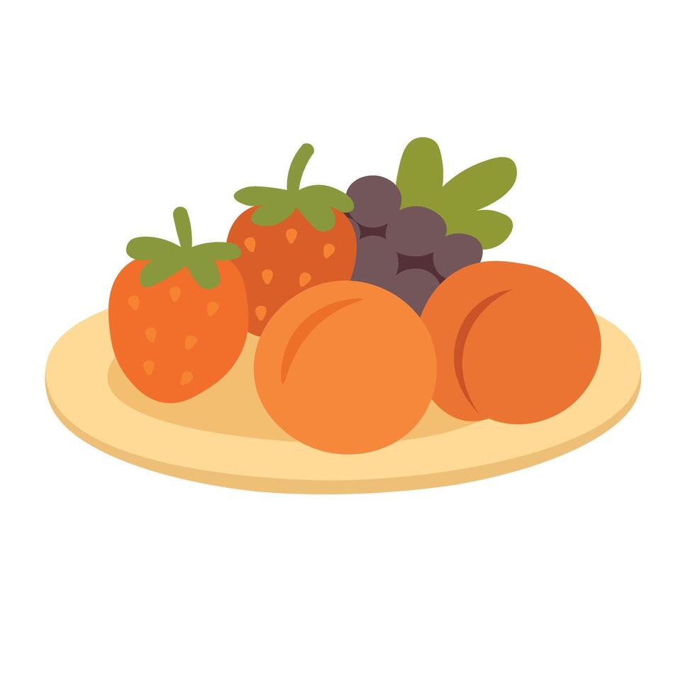 Flat plate with apricots, strawberries and grapes. Colorful summer doodle illustration for picnic theme. vector