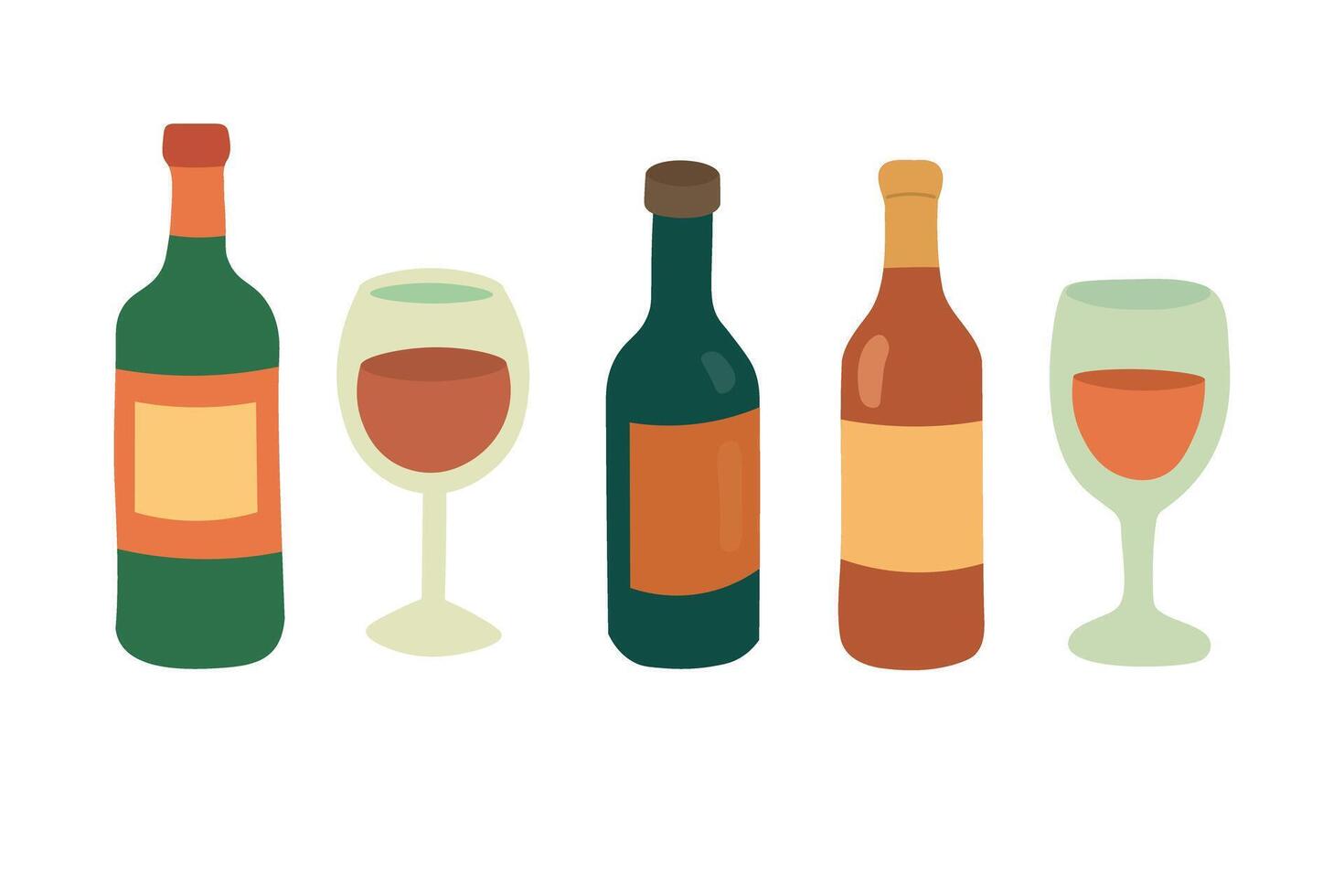set of wine bottles and glasses in flat cartoon style. Perfect for summer picnic themes. vector