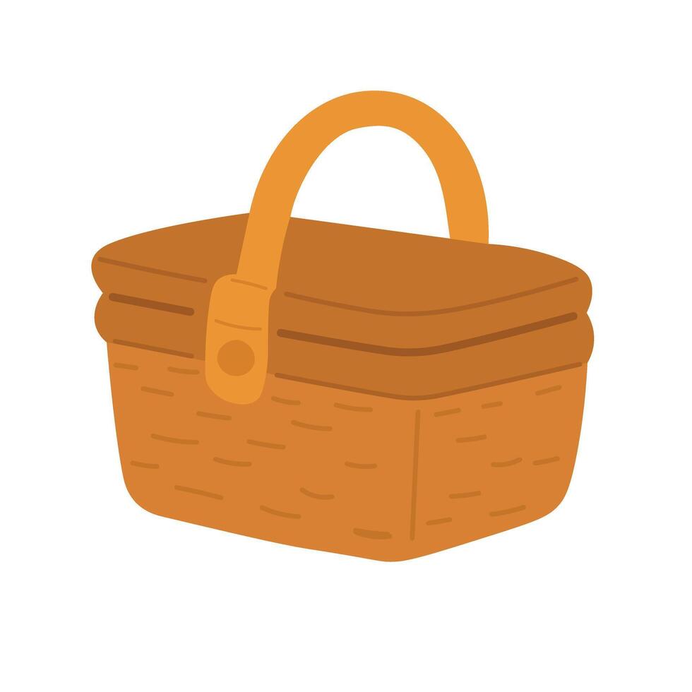 Flat cartoon picnic basket with handle and lid. Cute summer doodle illustration for picnic theme. vector