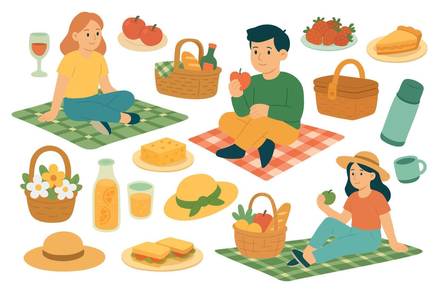 Cute picnic set with people, baskets, food, drinks, and accessories in cartoon style. vector
