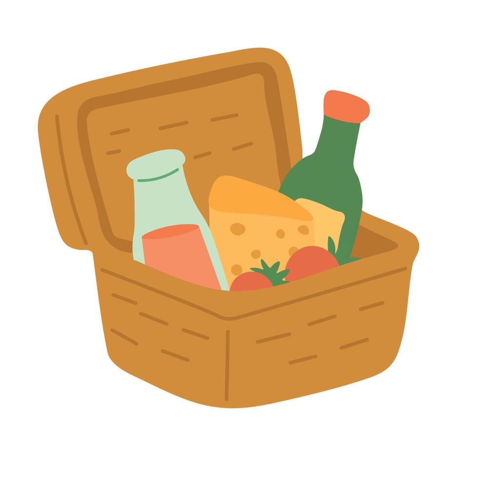 Flat open picnic basket with cheese, tomatoes and bottles. Cute summer doodle for outdoor meal. vector