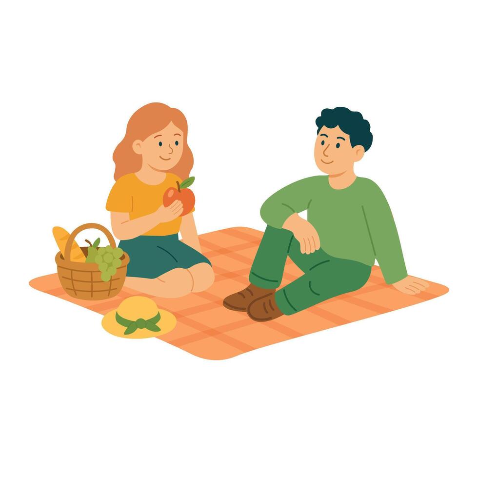 Cute flat illustration of young couple on picnic. Sitting on blanket with basket and fruit. vector