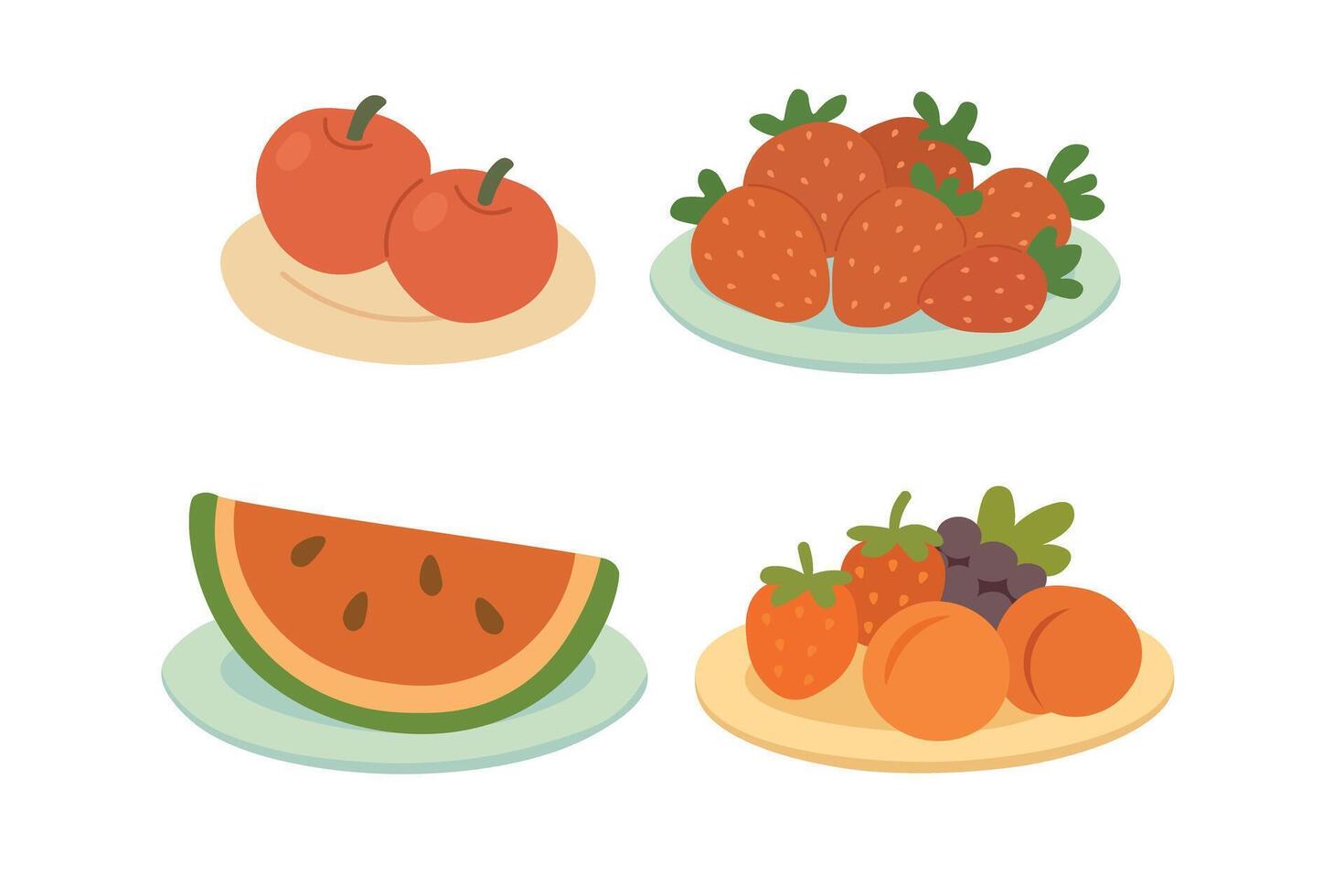 Cute illustrations of watermelon, strawberries, apples, apricots and grapes on plates. vector