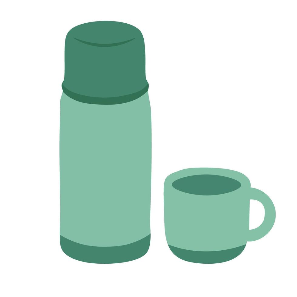 Flat illustration of a green thermos and cup. Simple cartoon drink doodle for outdoor use. vector