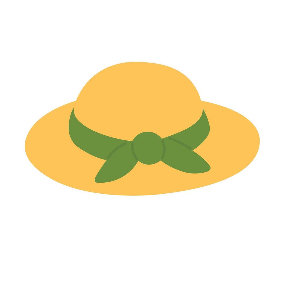 Flat straw hat with wide brim and green ribbon. Cute summer doodle for picnic design. vector