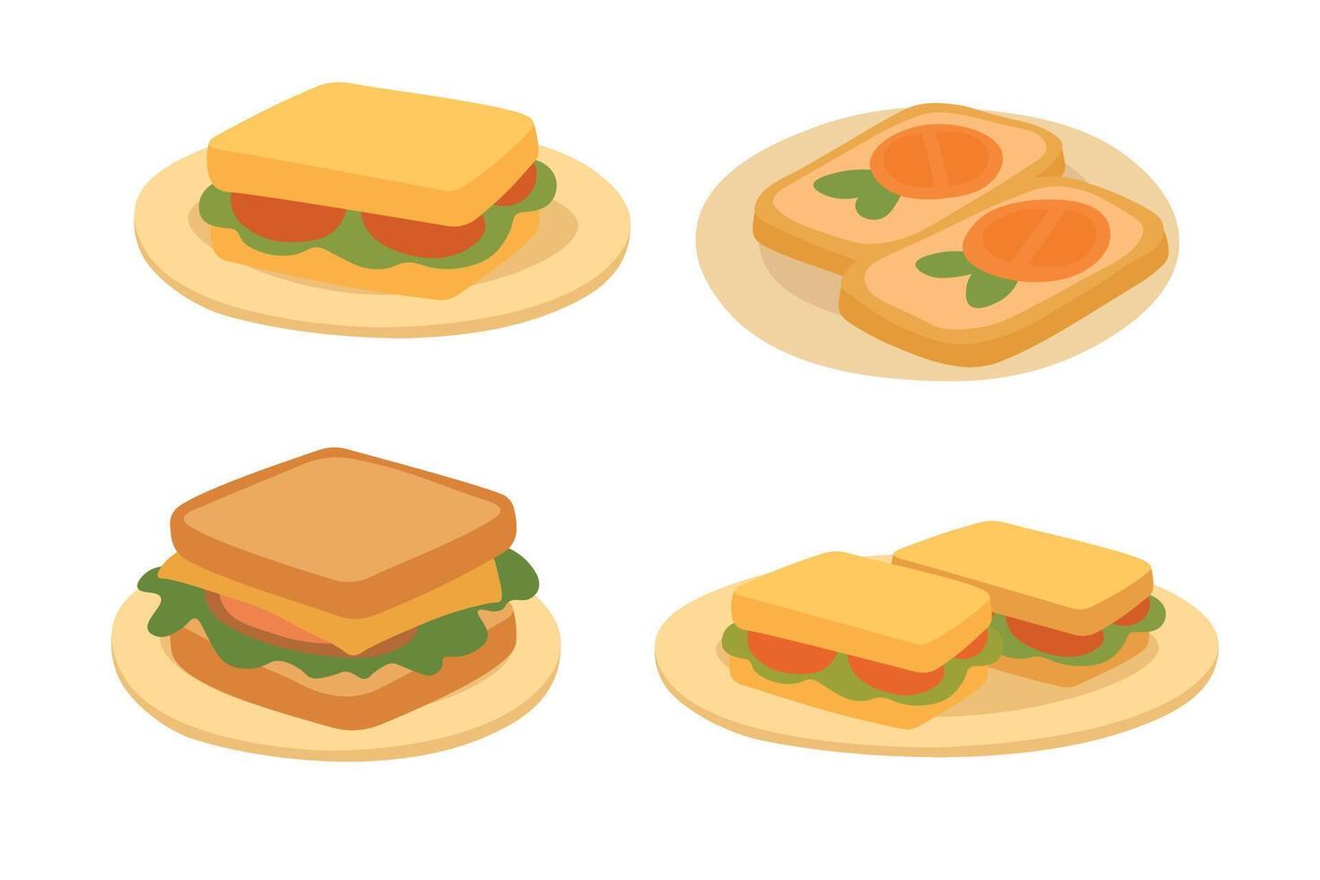 set of sandwiches and toasts on plates. Cute cartoon picnic food illustrations in flat style. vector