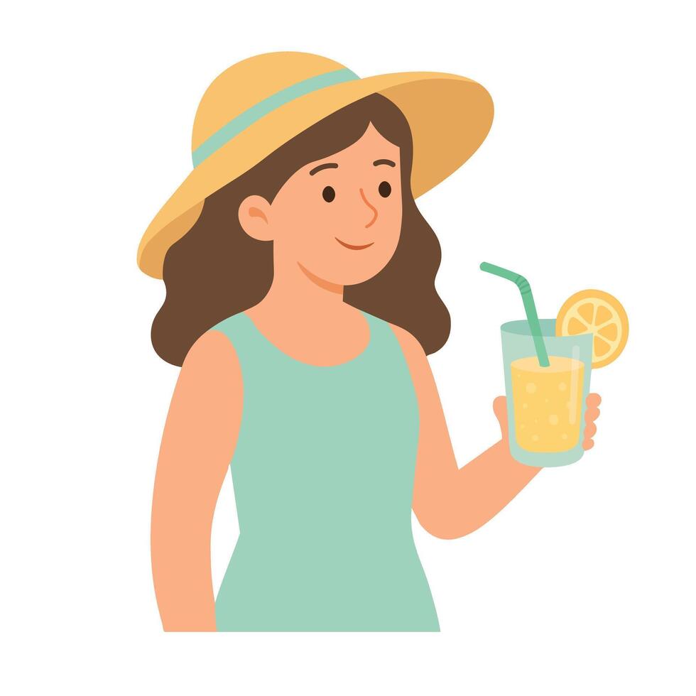 Smiling girl in summer hat holding refreshing lemonade in flat cartoon beach style. vector