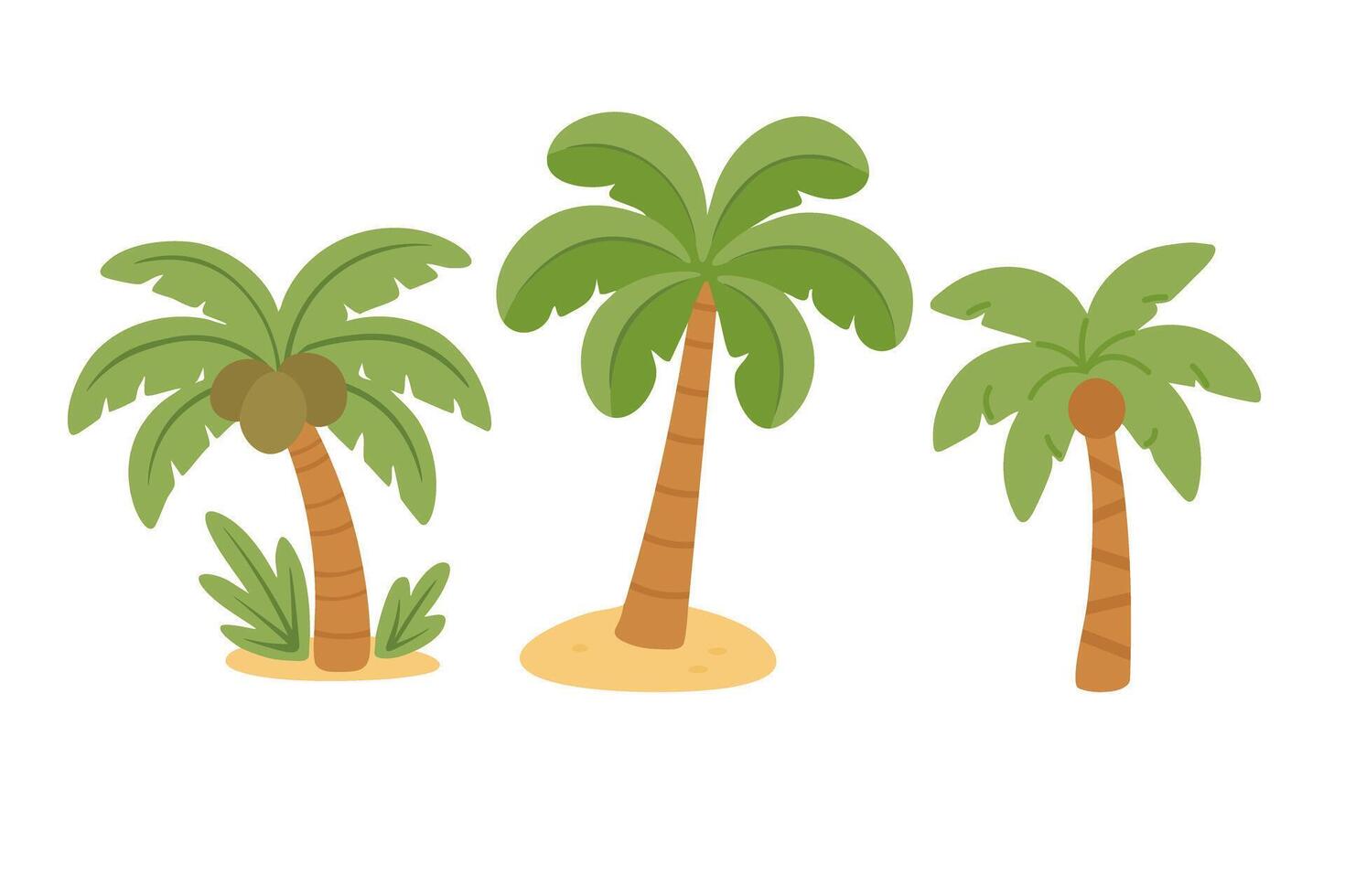 Cute cartoon set of tropical palm trees in flat style for beach, summer and travel themes. vector