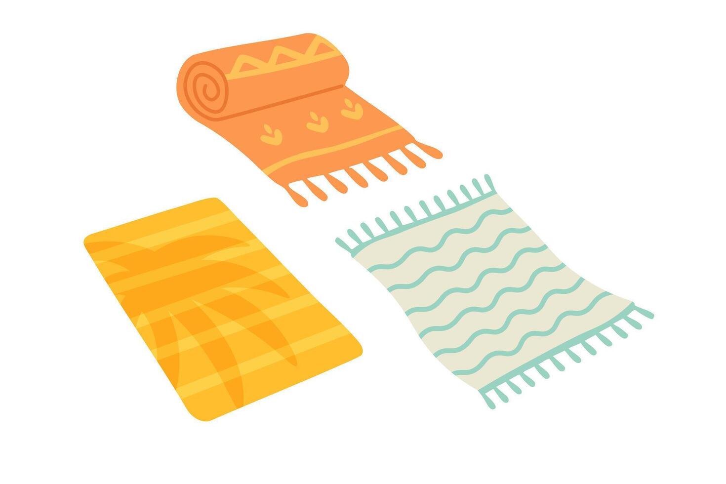 Flat cartoon set of colorful beach towels with cute summer patterns and cozy design. vector