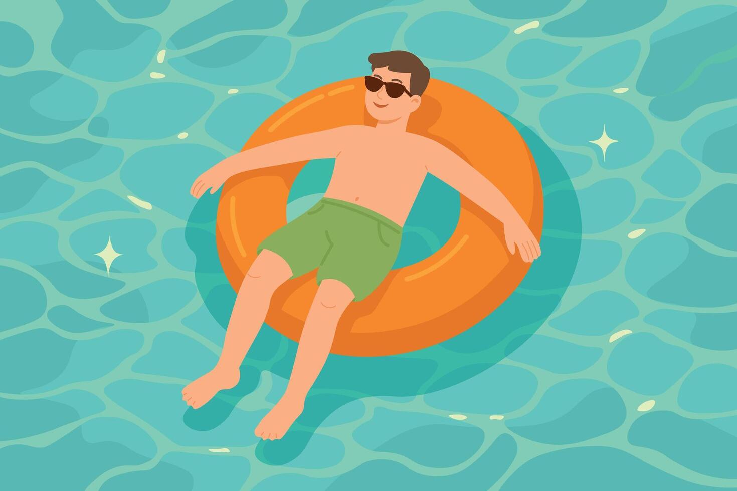 illustration of a man relaxing in a pool on inflatable ring with sunglasses and smile. vector