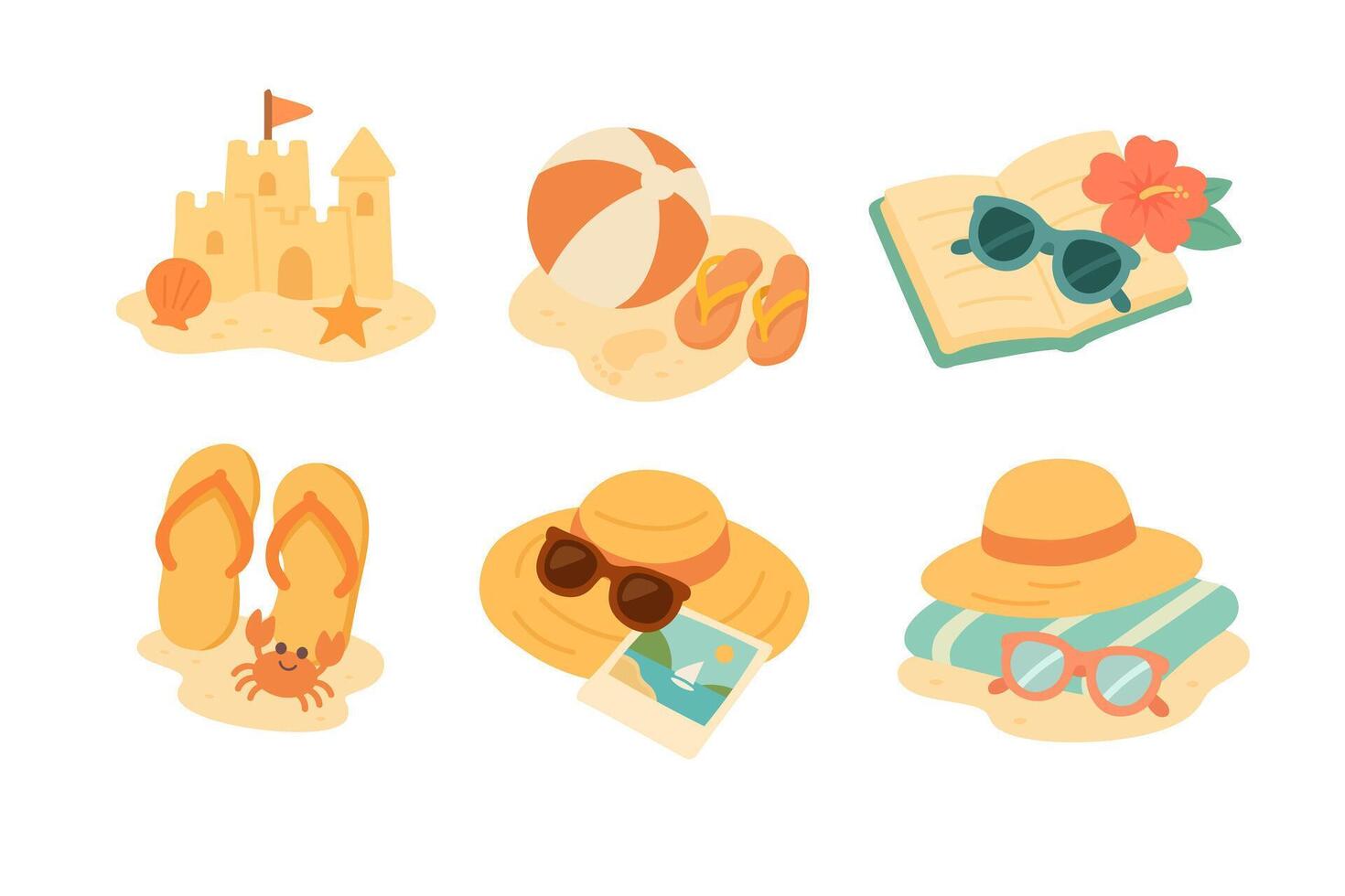 Cute cartoon collection of beach objects including hat, ball, flipflops, towel, book and castle. vector