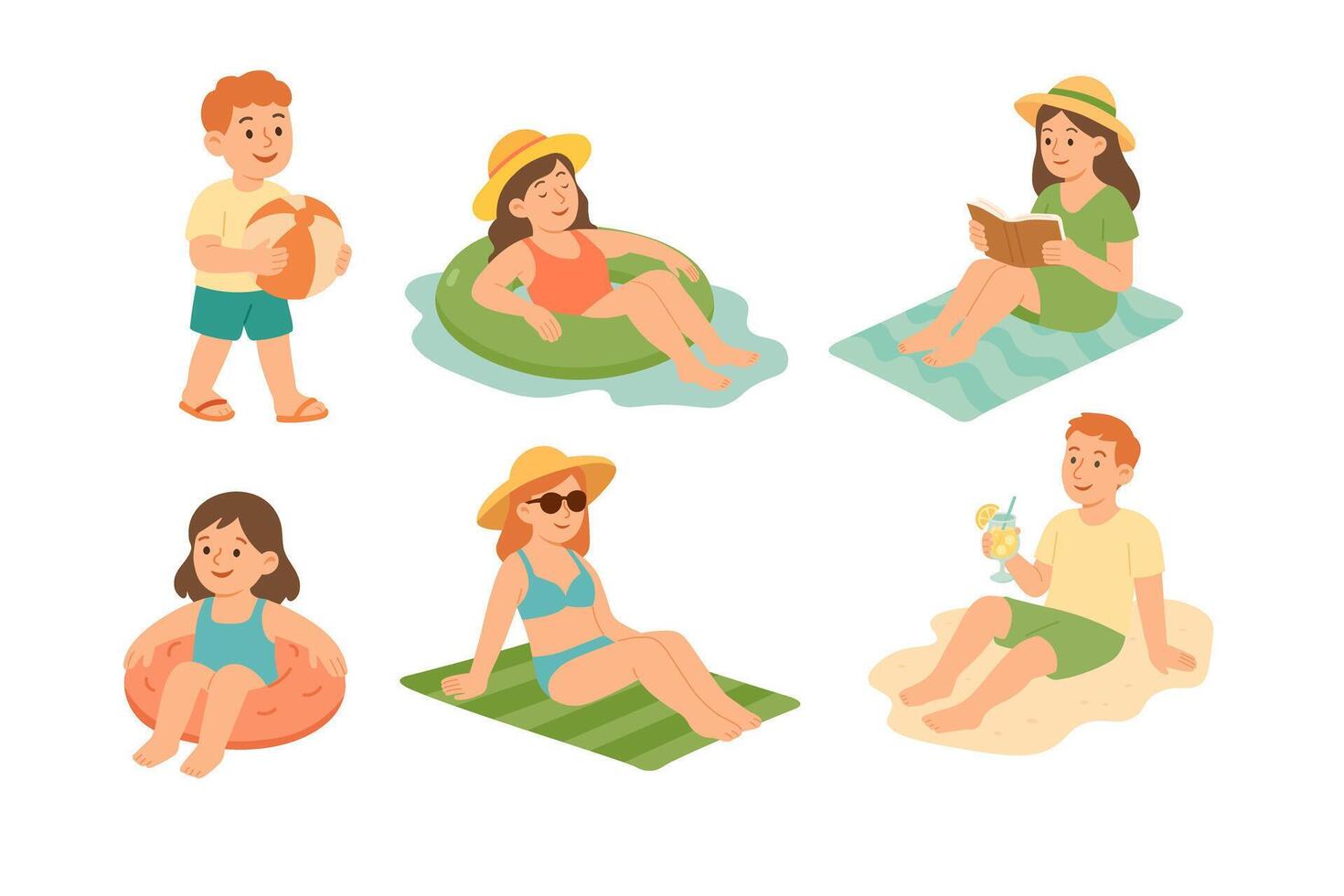 Cute cartoon set of people relaxing on beach with drinks, float rings and towels. vector