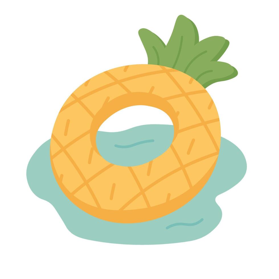 Cartoon inflatable pineapple float in water, fun summer pool or beach illustration in flat style. vector