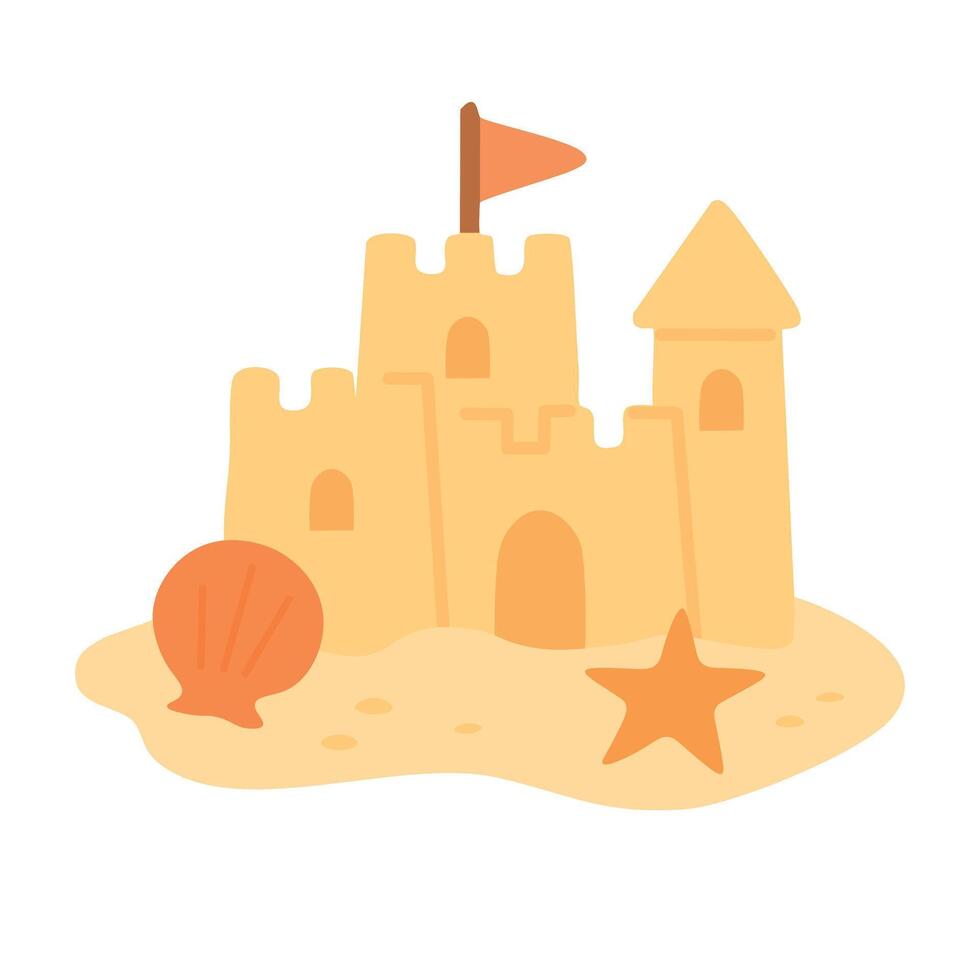 Cartoon sandcastle with seashell and starfish on beach, flat summer for vacation and seaside themes. vector