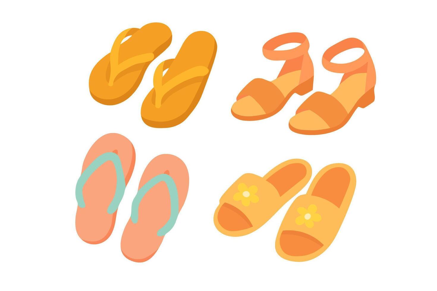 Flat cartoon set of summer footwear including flipflops, sandals and slippers in bright colors. vector