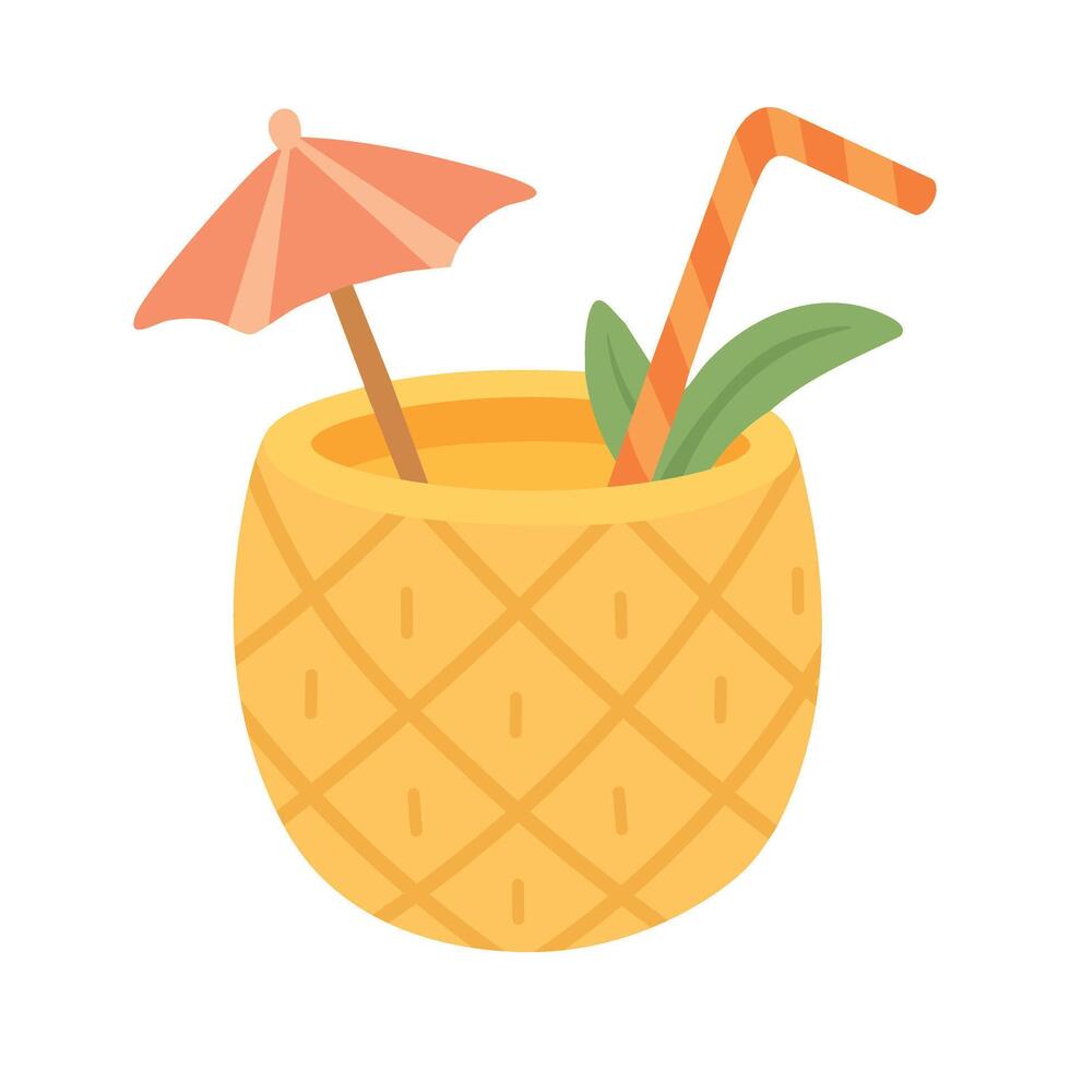 cartoon pineapple cocktail with straw, umbrella and leaves for summer beach design. vector