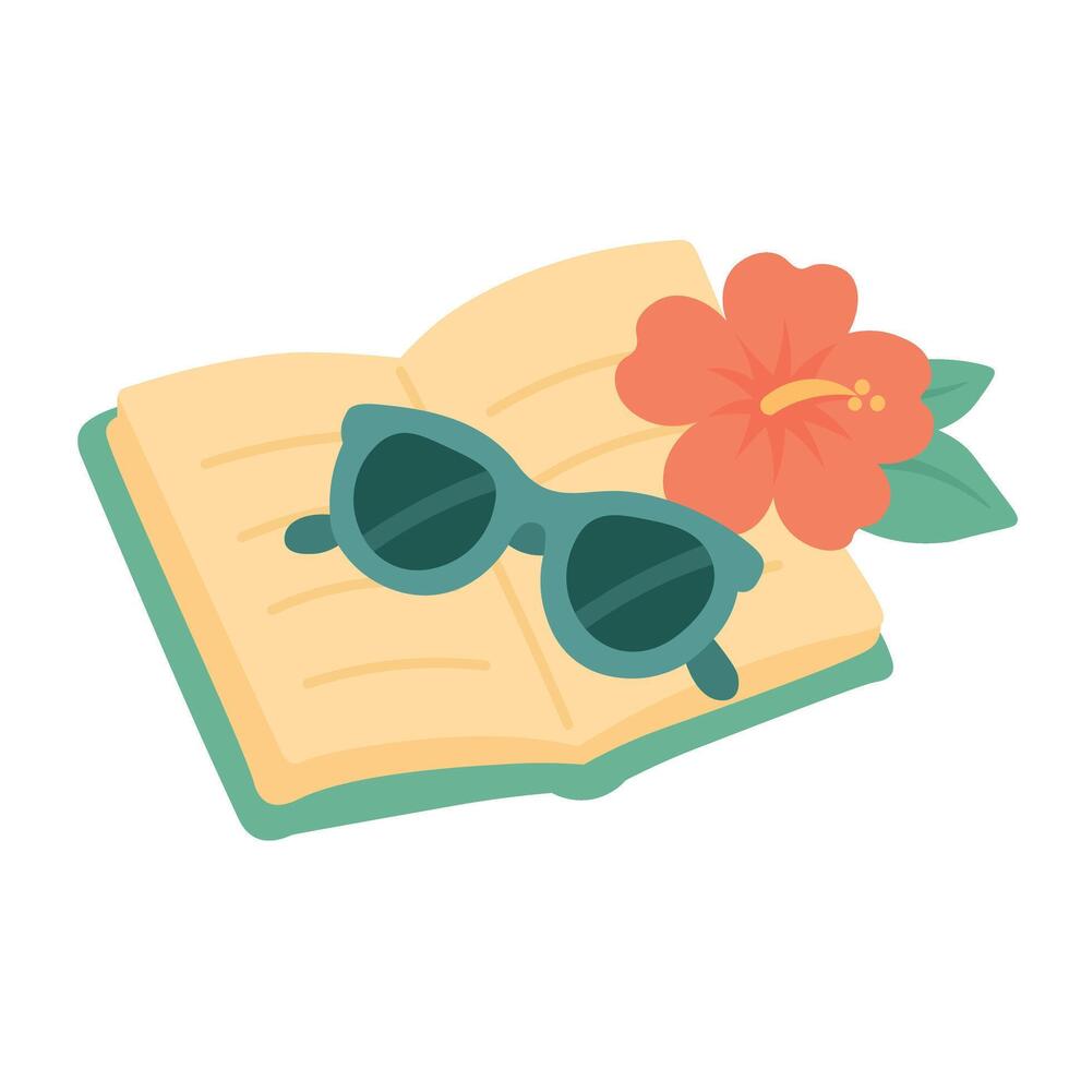 Cartoon open book with flower and sunglasses in warm soft flat style. vector