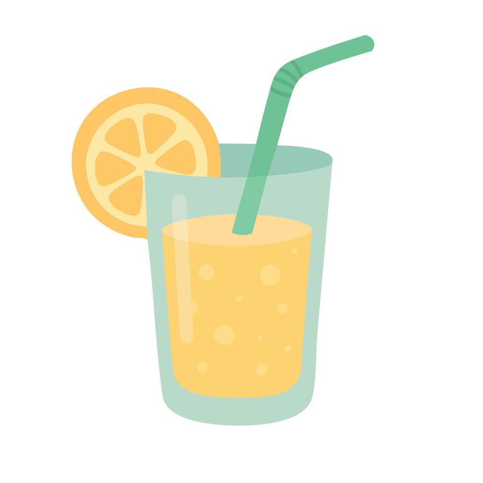 Cartoon glass of lemonade with straw and lemon slice in bright summer colors. vector